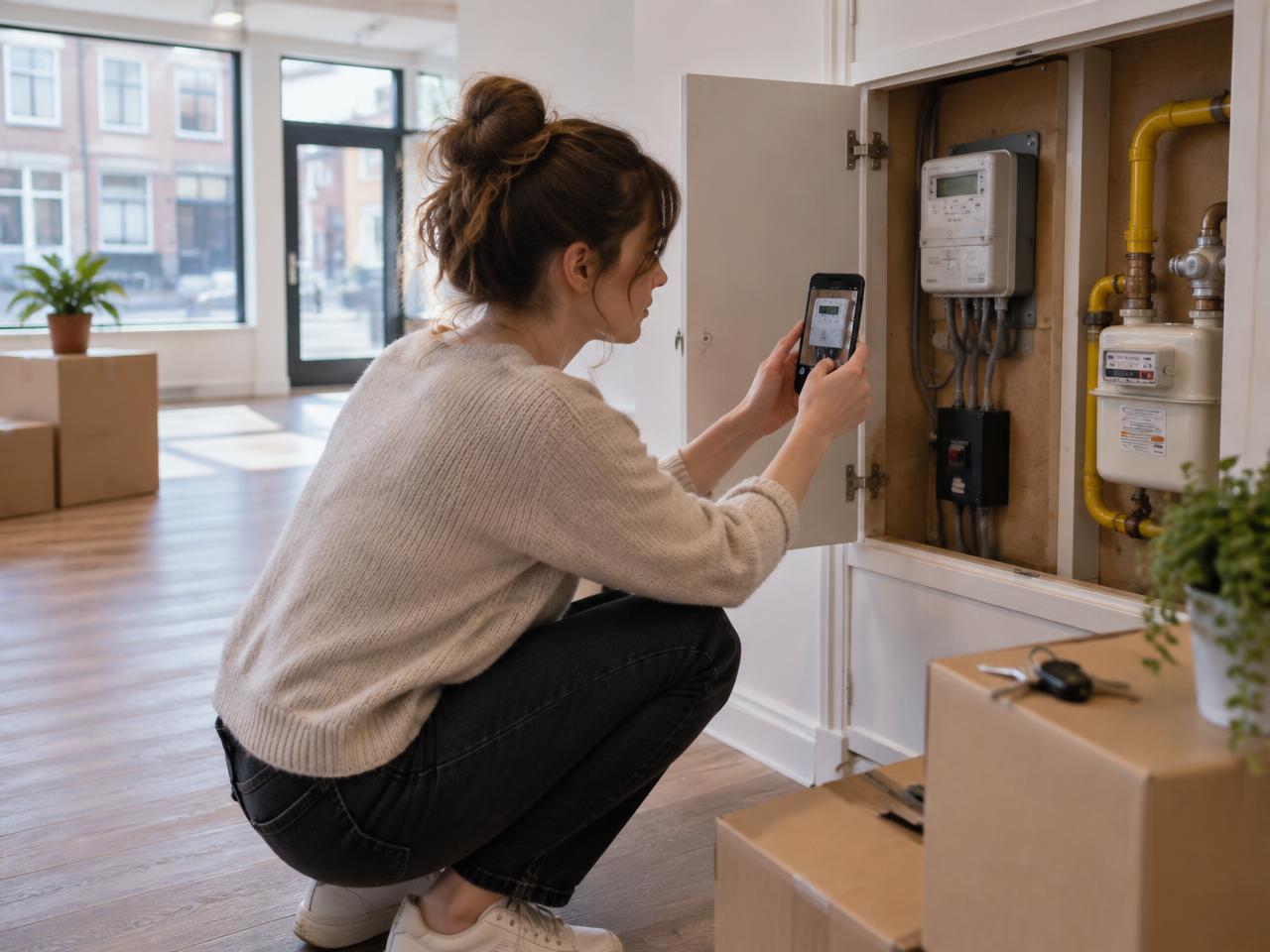 Business owner photographing the electricity meter in her new premises